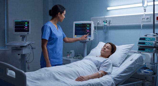 Female nurse in blue uniform examines a digital vital signs monitor beside a resting patient bed in a dimly lit hospital intensive care ward.