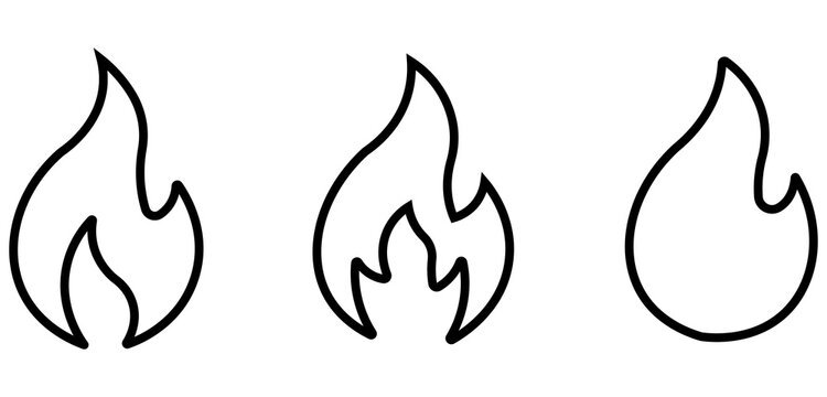 Three different black and white fire flame outline icons set with fire icon flame shape minimalist combustion illustration isolated