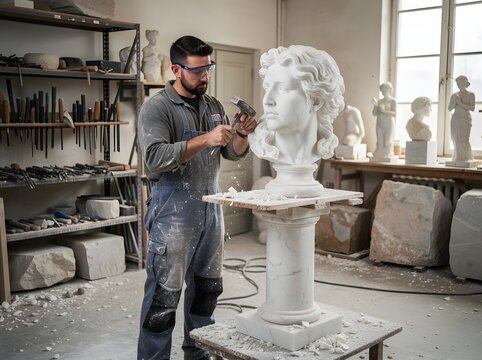 Fine art and stone carving concept: Artisan sculpting marble statue head in bright workshop setup.