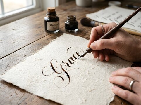 Hand writing the word Calligraphy with a fountain pen on textured paper close up.
