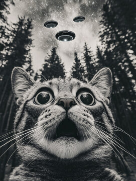 Surreal Cat's Expression of Awe and Confusion at UFO Sighting