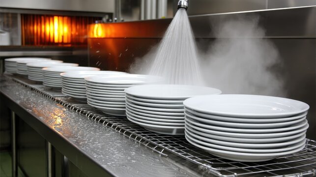 Close up view of a dishwasher cycle with plates being cleaned in a restaurant kitchen setting