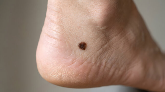 A close-up shot of a foot with a small brown mole on the heel. The skin appears dry and textured, with subtle wrinkles and a slightly uneven surface