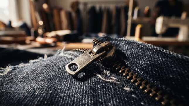Close-up of a metal zipper on blue denim jeans in a tailor workshop