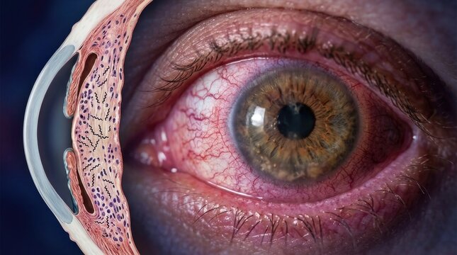 Ophthalmic disease diagram: Syphilis pathogen, Treponema pallidum, corneal inflammation, bacterial invasion, red symptom, microscopic structure, human iris, chronic uveitis.