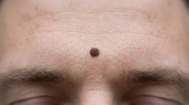 Close up of a brown mole on a person's forehead. The skin has fine wrinkles and hair follicles visible