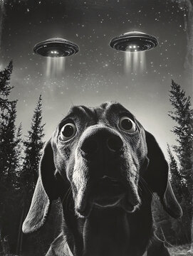 Surprised Dog Looks Up At UFOs in a Night Sky