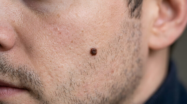Close-up shot of a man's face, focusing on a dark mole on his cheek. The skin shows a few pores and stubble, with shallow depth of field
