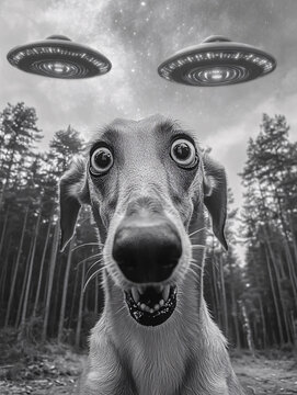 Funny dog with wide eyes looks up at UFOs in the sky