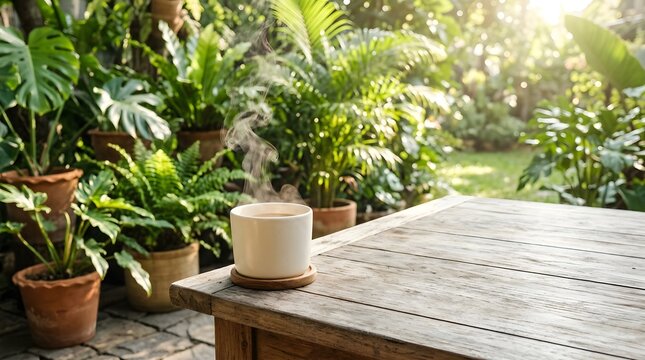 Steaming Coffee Cup On Rustic Wooden Table Outdoors Surrounded By Lush Greenery