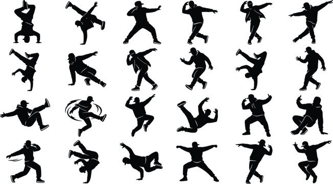 Breakdance dancers silhouettes set featuring street dancers in dynamic breakdancing and hip hop moves