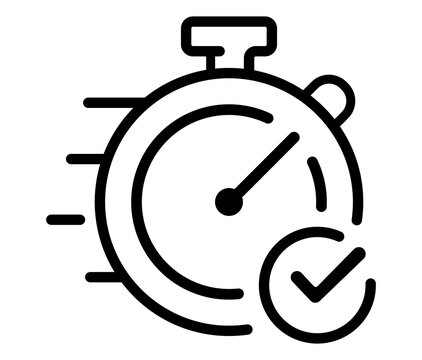 Fast stopwatch icon with a checkmark symbol representing completed task or efficiency check mark time management deadline met fast track