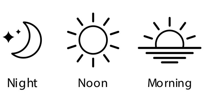 Sun and moon icons representing cycle of time from night to noon and morning with crescent moon time of day weather icon temporal