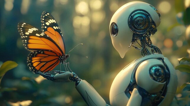 The interaction between a robot and a butterfly symbolizes the evolution of consciousness.