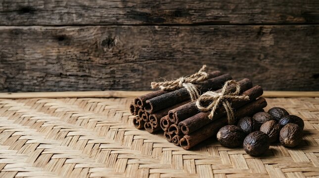 Cinnamon sticks tied with twine and whole nutmegs on woven mat
