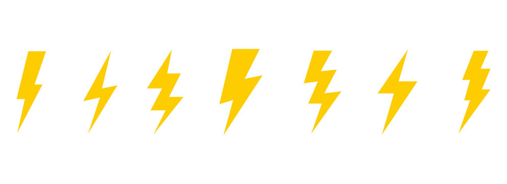 Set of yellow lightning bolt icons on white background with thunder icon electric sign power icon weather icon voltage icon hazard sign