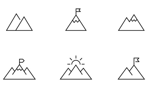 Set of mountain peak icons with flags and sun mountain icon summit flag mountain range hiking sign adventure icon mountain landscape