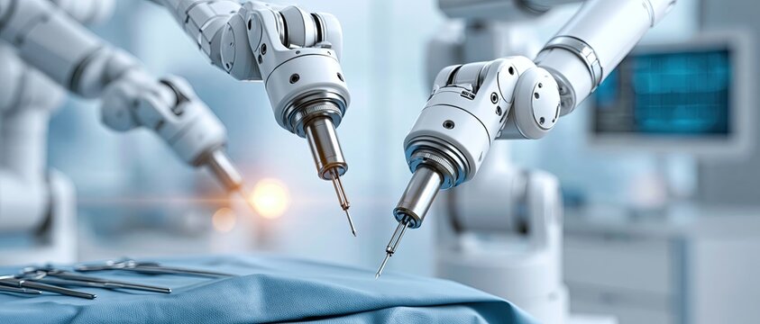 Precision robotic arms performing robot-assisted surgery in a modern operating room, concept of medical technology and precise surgery