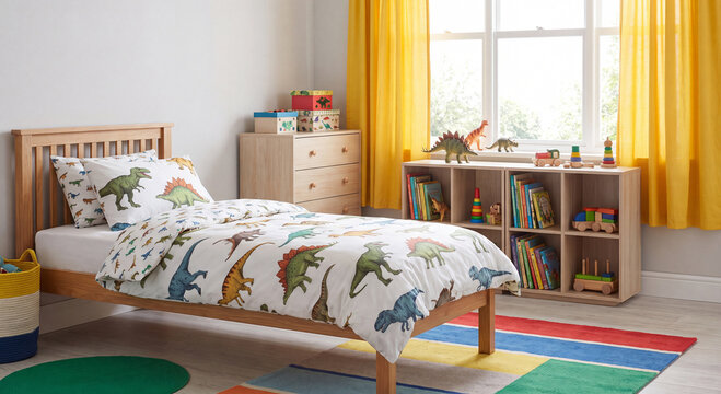 Comfortable cozy kids bedroom interior featuring single wooden bed with patterned duvet and sunny yellow window curtains