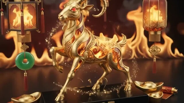 Golden sheep statue: annual celebrate, fiery background, holiday ornament, luxury decor, traditional festival, eastern culture, asian symbol, creative concept, fire goat, zodiac sign.