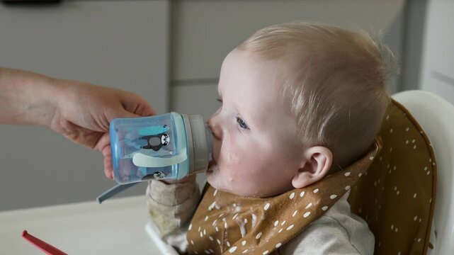 lovely caucasian infant sitting in a high chair and drinking milk, formula, or water from a plastic baby bottle with handles. Parent's hand helping and supporting the bottle, cute toddler in a brown