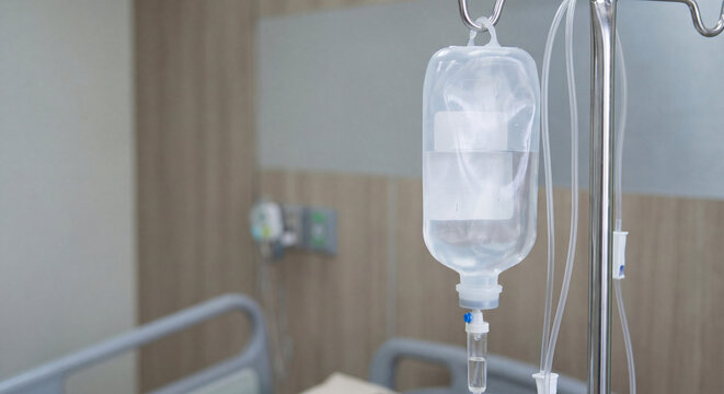 Clear intravenous infusion drip bag hanging on a metallic stand inside a modern hospital patient room providing saline hydration therapy