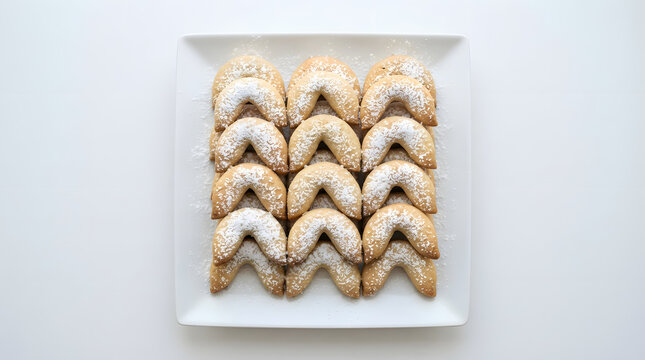 Cornelete cu nuca cookies from Romania. Tender walnut and lard crescent shaped cookies. Easy meal, Balkan Europe dessert, cookies assets