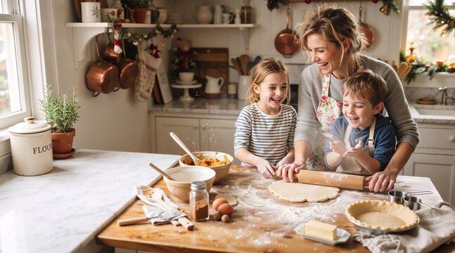 Happy Caucasian mother teaching her two young children to make a pumpkin pie in a cozy kitchen, flour dusting the wooden table, creating a warm holiday baking scene, family tradition and shared