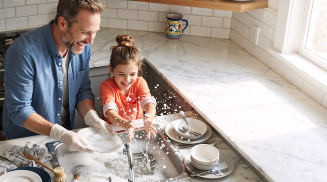Father and young daughter happily washing dishes together at a kitchen sink, splashing water and creating a fun, bonding moment during household chores, bright sunny day, parent-child interaction