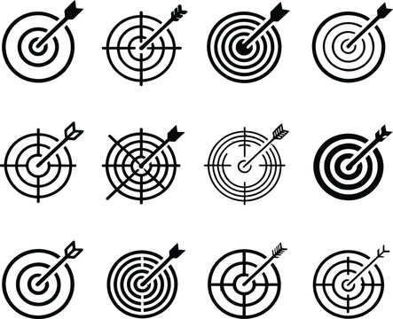 Target with arrow icon set, line and glyph aim dart board symbols, goal setting concepts, business objectives,