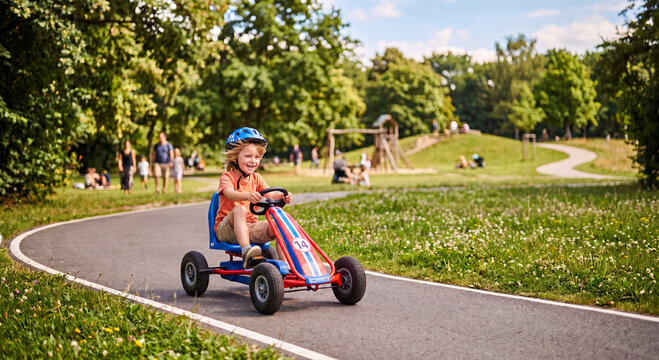 Cute young boy wearing a helmet happily driving a red four wheeled pedal go kart along an asphalt walkway in a sunny green public park