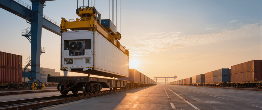 Cold chain refrigerated container at sunset in cargo rail yard