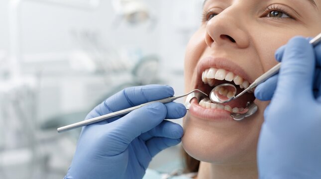Close up view of young woman relaxes and open mouth while a dentist inspects her teeth using a mirror and probe during a routine dental exam.