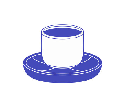 Coffee cup on saucer. Ceramic mug of espresso in cafe. Teacup of hot drink. Coffeehouse beverage. Outline icon of coffe in coffeeshop. Flat isolated contour vector illustration on white background