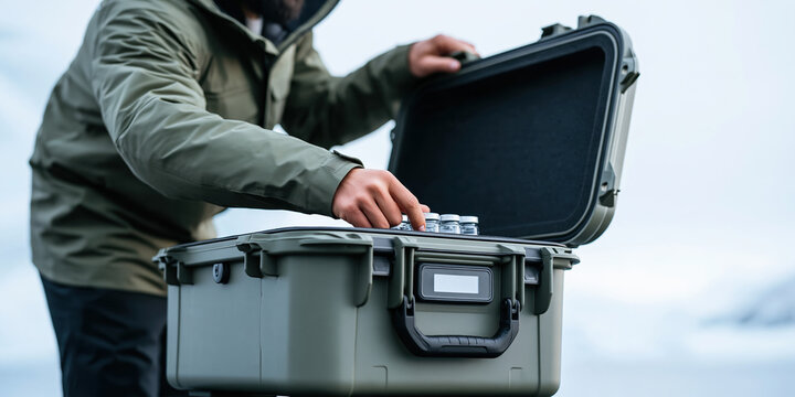 Cold chain container opened by worker for secure transport