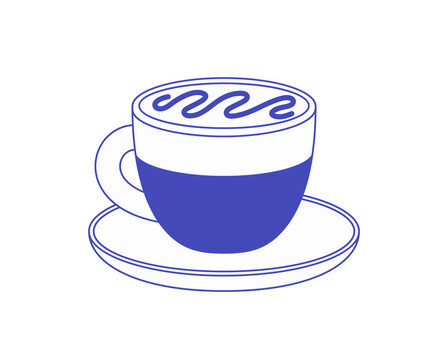 Cup of coffee with milk. Ceramic mug of mocha with latte art on foam. Teacup of hot beverage on saucer. Coffeehouse drink, coffe with cream. Flat isolated outline vector illustration on white