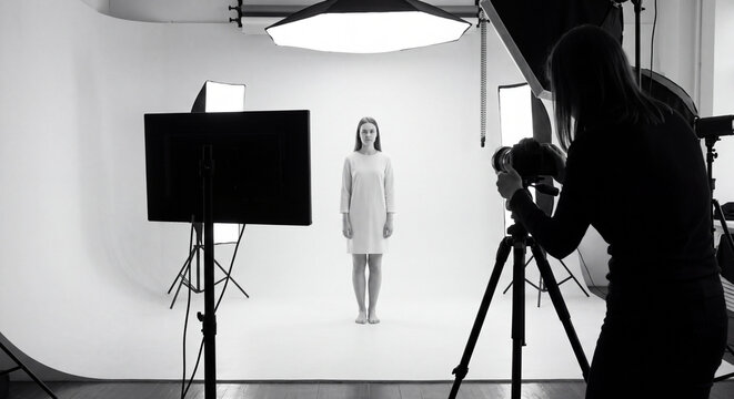 A professional photographer looks through the camera viewfinder while capturing a female fashion model posing in front of studio lighting on a white infinity cyclorama