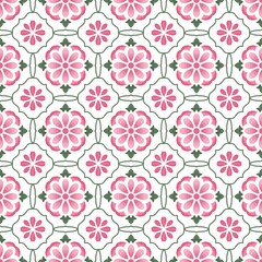 Pastel Pink Floral Tile Seamless Pattern, Cute Vintage Ceramic Vector Design © Duen