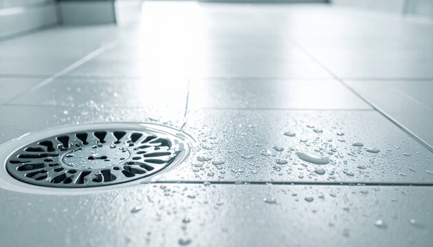 Water draining through a modern bathroom floor grate, with water droplets scattered on the tiled surface, reflecting light and creating a sense of cleanliness and freshness.