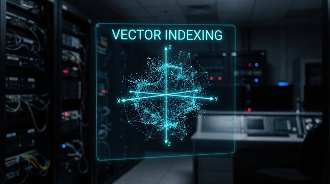 Futuristic holographic display projecting advanced vector indexing and complex data visualization within a high-tech server room environment, symbolizing AI and machine learning progress