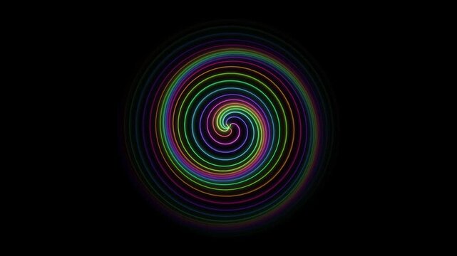 Abstract glowing rainbow colored spiral neon light lines forming a hypnotic swirl pattern