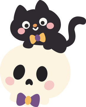 Cute Halloween Black Cat Sitting on Skull Wearing Bow Tie