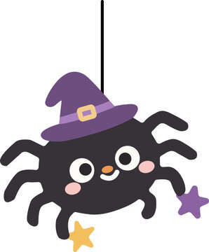 Cute Halloween Black Spider Wearing Witch Hat with Stars