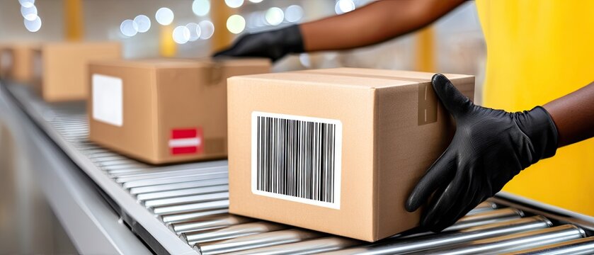 Close up shot of a female logistics employee working on a conveyor belt in a warehouse with cardboard packages and barcode labels