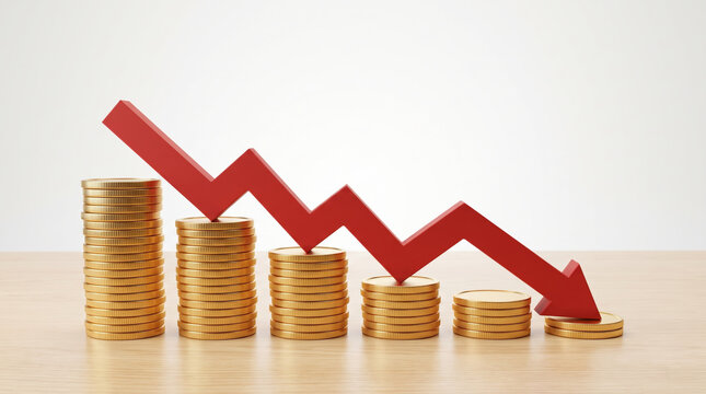 Coins stacked decrease with red arrow showing falling value. Finance investment recession crisis. money budget saving expense, value reduction down decayed, risk loss