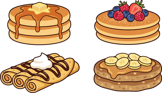 Pancake and Crepe Vector Illustration Set featuring Sweet Breakfast Foods with Syrup Butter Fresh Berries Banana and Chocolate for Cafe Menu Designs