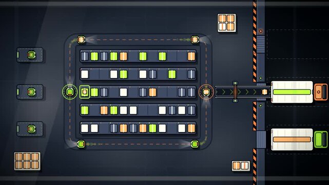 Warehouse Robotics Top View Flat Vector Animation with Autonomous Robots, Conveyor Belt and Loading Dock, Logistics Automation Background