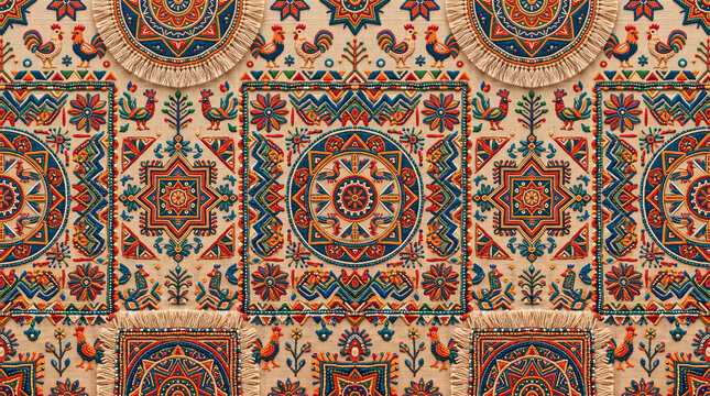 Seamless folk art embroidery pattern with roosters and geometric traditional ornaments