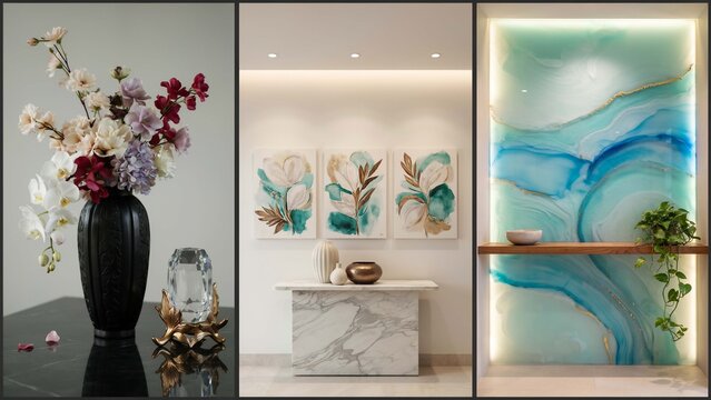 A triptych showing a flower vase with colorful blooms, a console table with botanical and a glowing blue marble wall with a wooden shelf