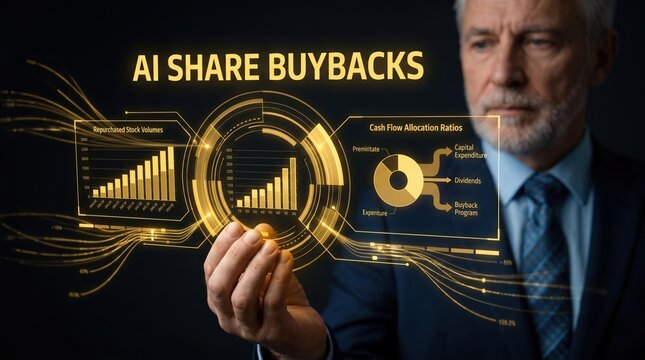 Businessman leveraging advanced AI algorithms and data analytics for optimizing corporate share repurchase programs and market strategies and growth